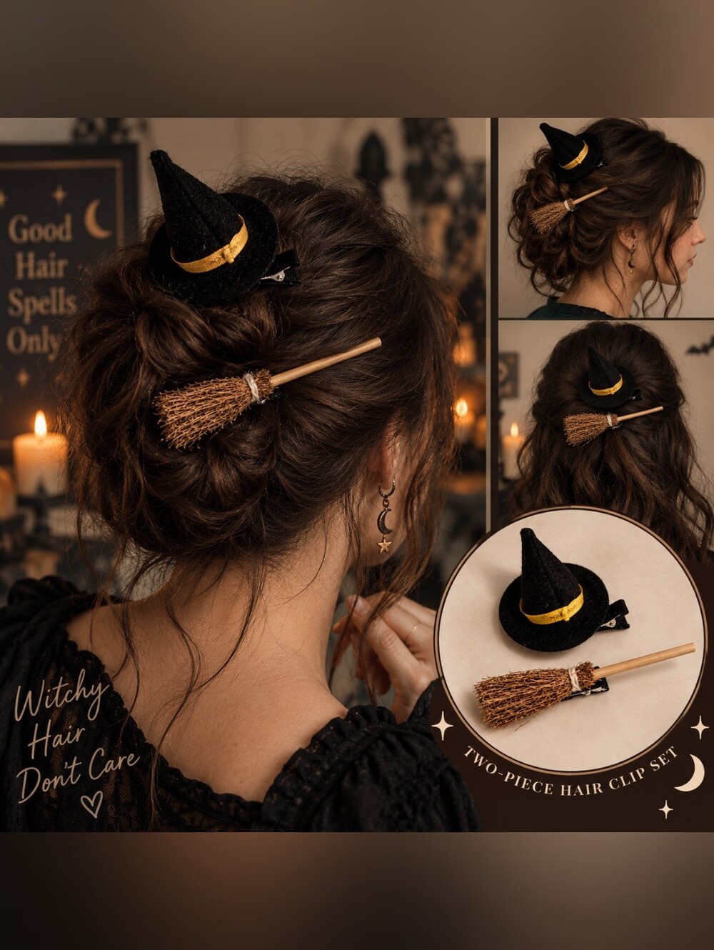 Witch Hat & Broom Hair Clip Set New